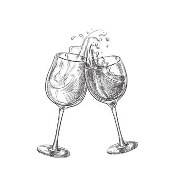 Two wine glasses with splash drinks, sketch vector illustration. Hand drawn l Stock Illustration