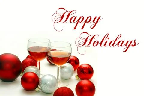 Two wine glasses surrounded by christmas decorations and words happy holidays Stock Illustration
