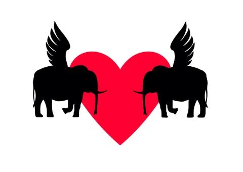 Two winged elephant. Reflection. Elephant vector icon . Stock Illustration