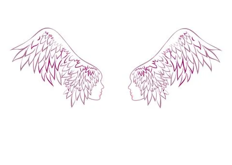 Two wings with human faces. Angel . Wings tattoo. Illustrazione stock