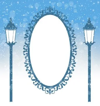 Two winter lampposts and frame in snowfall on light blue Stock Illustration