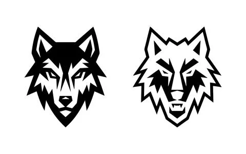 Two Wolf Head Designs Black and White Geometric Art イラスト素材