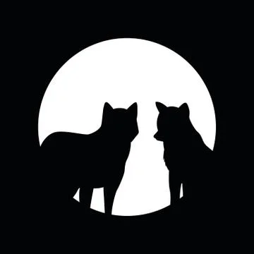 Two wolves and full moon silhouette Illustrazione stock