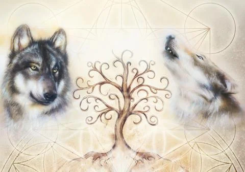 Two wolves and tree of life symbol with sacred geometry pattern on the Stock Illustration