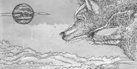Two wolves howling at the moon, banner Stock Illustration