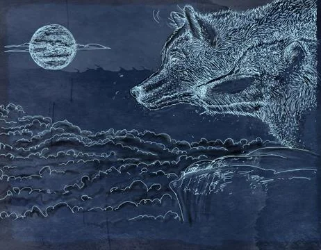 Two wolves howling at the moon Stock Illustration