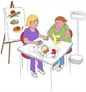 Two woman sitting, one doing blood sugar test, illustration Stock Illustration