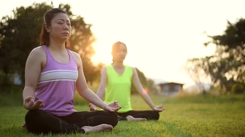 Two womans doing yoga in morning park 库存影片 87721959