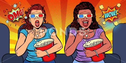 Two women with 3D glasses react differently to the movie. laughs Stock Illustration