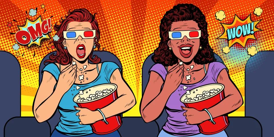 Two women with 3D glasses react differently to the movie. laughs Illustrazione stock