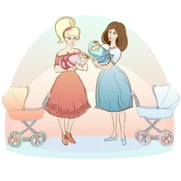 Two women with babies Stockillustratie