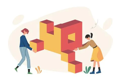 Two Women Building and Structuring Big Data Cubes Illustration Stock Illustration