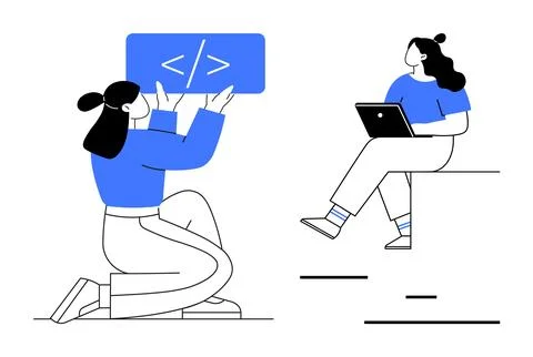 Two Women Collaborating on Coding Project with Laptop and Coding Symbol Stock Illustration