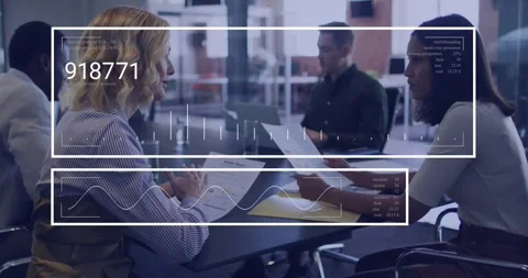 Two women comparing reports while HUD appearing after office pass, animating Stock Footage 331062492