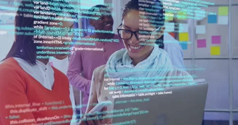 Two women debugging web app on laptop starting scrolling JS code overlay and Видео 318544821