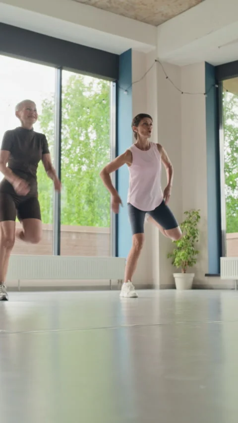 Two Women Doing Aerobic Exercise in Fitness Studio Stock Footage 339849741