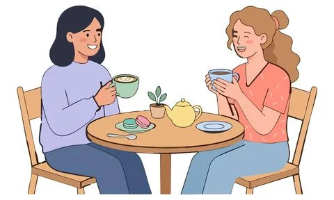 Two women drinking tea and eating macarons at a cafe table in a friendly mood Stock Illustration