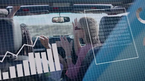 Two women gesturing, starting data overlays evolving from pie charts into Stock Footage 333575088