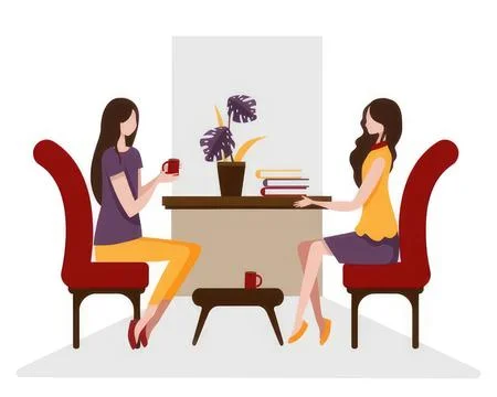 Two women having a chat at a small table in a cozy room Stock Illustration