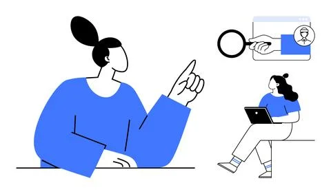 Two women interact with computer and magnifying glass, engaged in collaborati Illustrazione stock