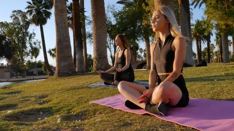 Two Women Meditating in Park at Sunset 4K Stock Footage