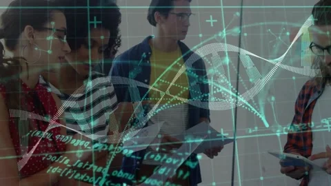 Two women pointing at document and sparking group reviewing science while DNA Stock Footage 330756478