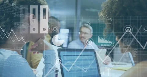 Two women pointing at tablet and activating animated cloud, bar, pie charts for Stock Footage 334112612