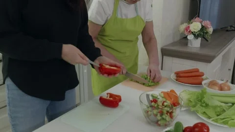 Two Women Preparing a Fresh Vegetable Salad Stock Footage 329600297