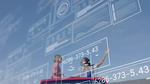 Two women rising through red car roof, celebrating while tech HUD graphs sliding Stock Footage 333301325