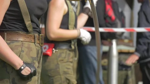 Two Women in the Same Row Waving a Sword Stock Footage 62794573