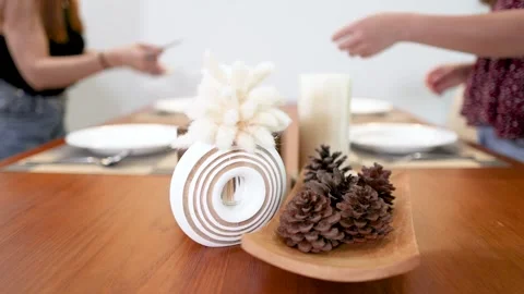 Two Women Setting a Minimalist Dining Table with Pine Cone Centerpiece Stock Footage 334984289