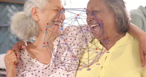 Two women sharing bond, leaning in, laughing, rising, network mesh animating Stock Footage 320894704