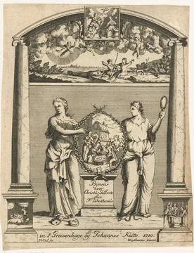 Two women show a medallion with the worship by the shepherds; Title page f... Stock Photos