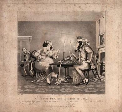 Two women sit at a table drinking tea and gossiping, so taken up with what .. イラスト素材