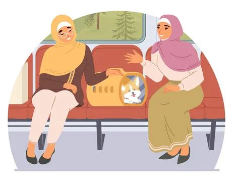 Two women sit on a train, engaged in conversation as one gestures cheerfully. A Stock Illustration