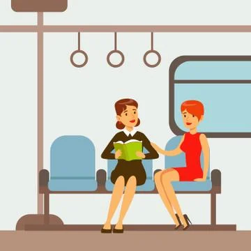 Two Women Sitting In Metro Train Car, Part Of People Taking Different Transport Stock Illustration