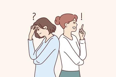 Two women solving same problem experience different emotions standing with backs 스톡 일러스트