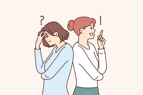 Two women solving same problem experience different emotions standing with... Foto stock