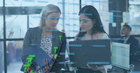 Two women tapping blue folder initiating bars sliding 3D charts rising from Stock Footage 334185035