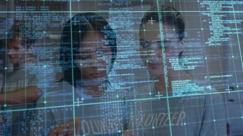 Two women tapping handheld device and reviewing software, digital code grid Stock Footage 331235979