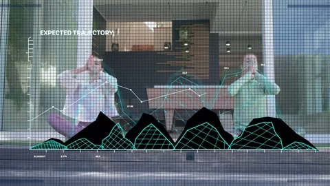 Two women tapping phone, doing synced yoga on home step, grid charts tracking Stock Footage 333911270
