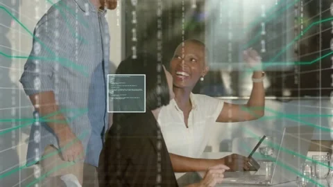 Two women tapping stylus at table, causing floating UI and binary streams 動画素材 333485486