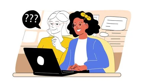 Two women using a laptop in a learning environment. Stock Illustration