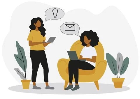 Two women using laptops in a home office setting, one standing and one sitting Stock Illustration