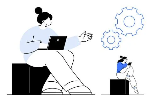 Two women using laptops, one gesturing and another seated, with gear icons. I Stock Illustration