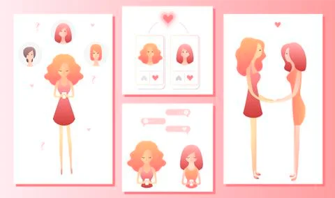 Two women using mobile application for dating or searching romantic partner on Stock Illustration