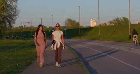 Two women walking on path at sunset Stock Footage 332551005