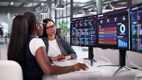 Two Women Work Together Using Cybersecurity Software Vídeos de archivo 333844780