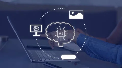 Two women working hovering over laptop initiating L outline growing into tech AI Stock Footage 335235929