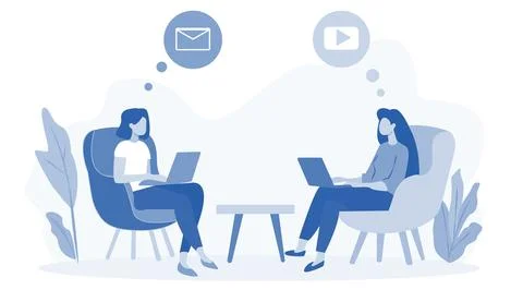 Two women working on laptops, each sitting in a chair with communication icons Illustrazione stock